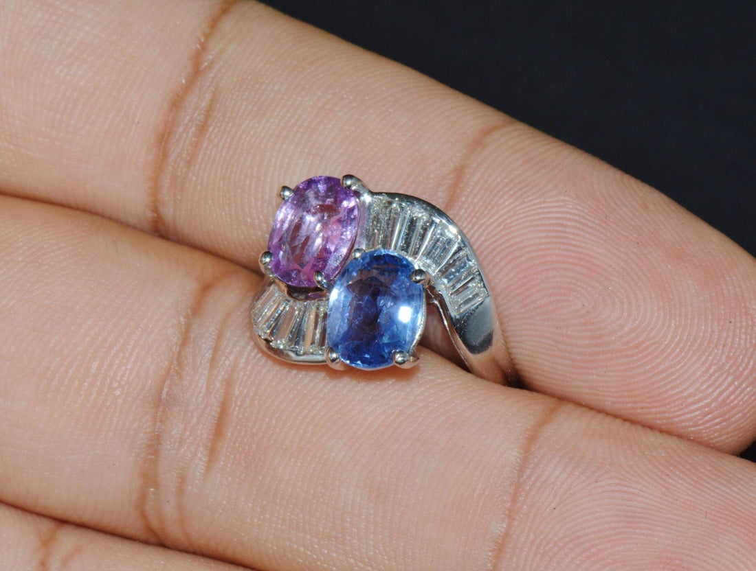 GIA Natural 6.24CTS VS F Diamond Blue And Pink Sapphire Platinum Bypass Ring Band