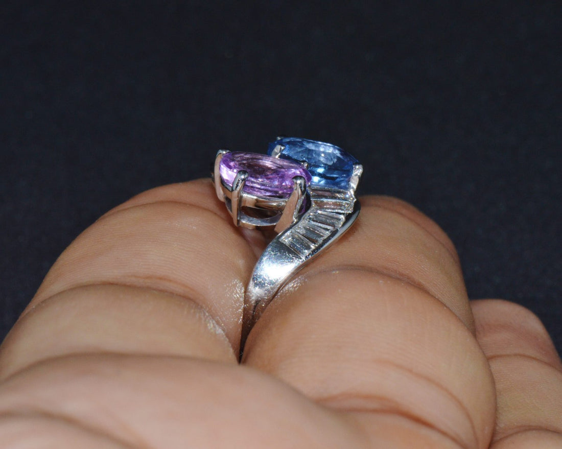 GIA Natural 6.24CTS VS F Diamond Blue And Pink Sapphire Platinum Bypass Ring Band