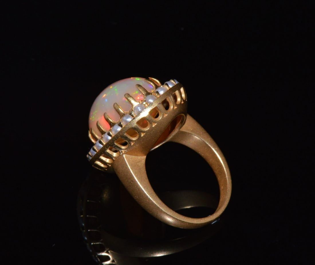 Certified Natural 13.78Cts Seed Pearl Opal Cocktail Halo Brushed 18K Solid Gold Ring