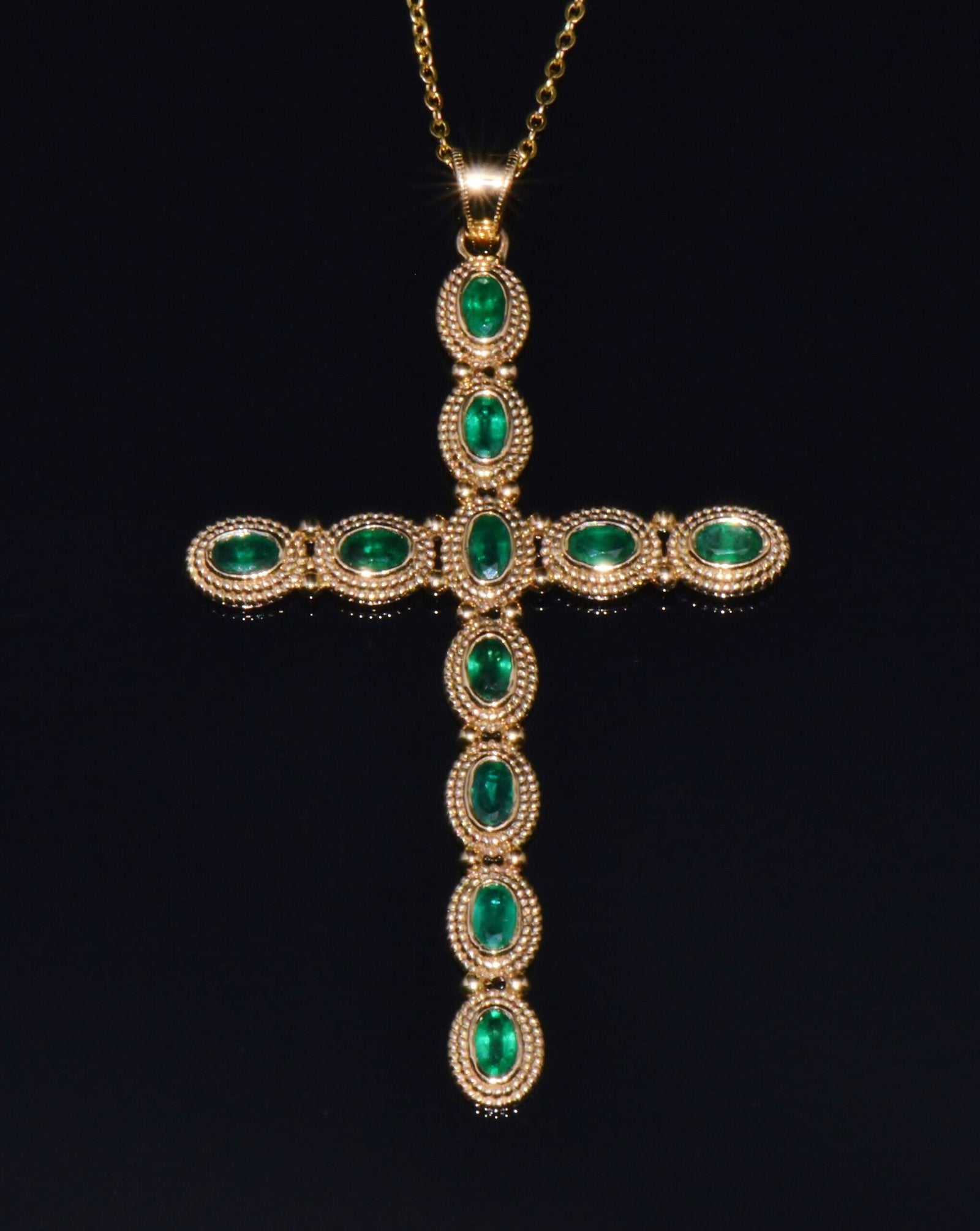 Certified Natural 2.78Cts Emerald 18K 750 Solid Gold Filigree Cross Byzantine Etruscan Pendant