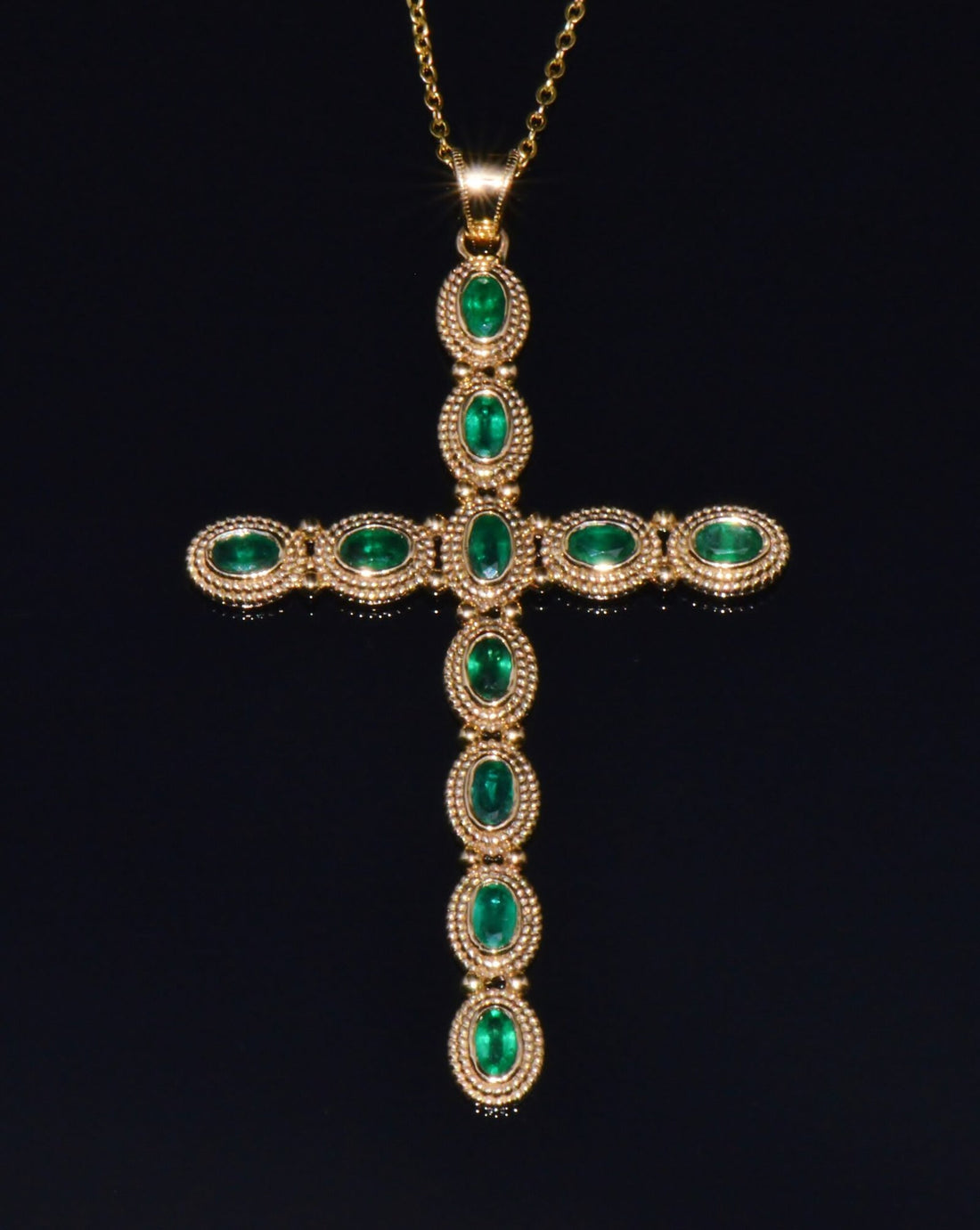 Certified Natural 2.78Cts Emerald 18K 750 Solid Gold Filigree Cross Byzantine Etruscan Pendant