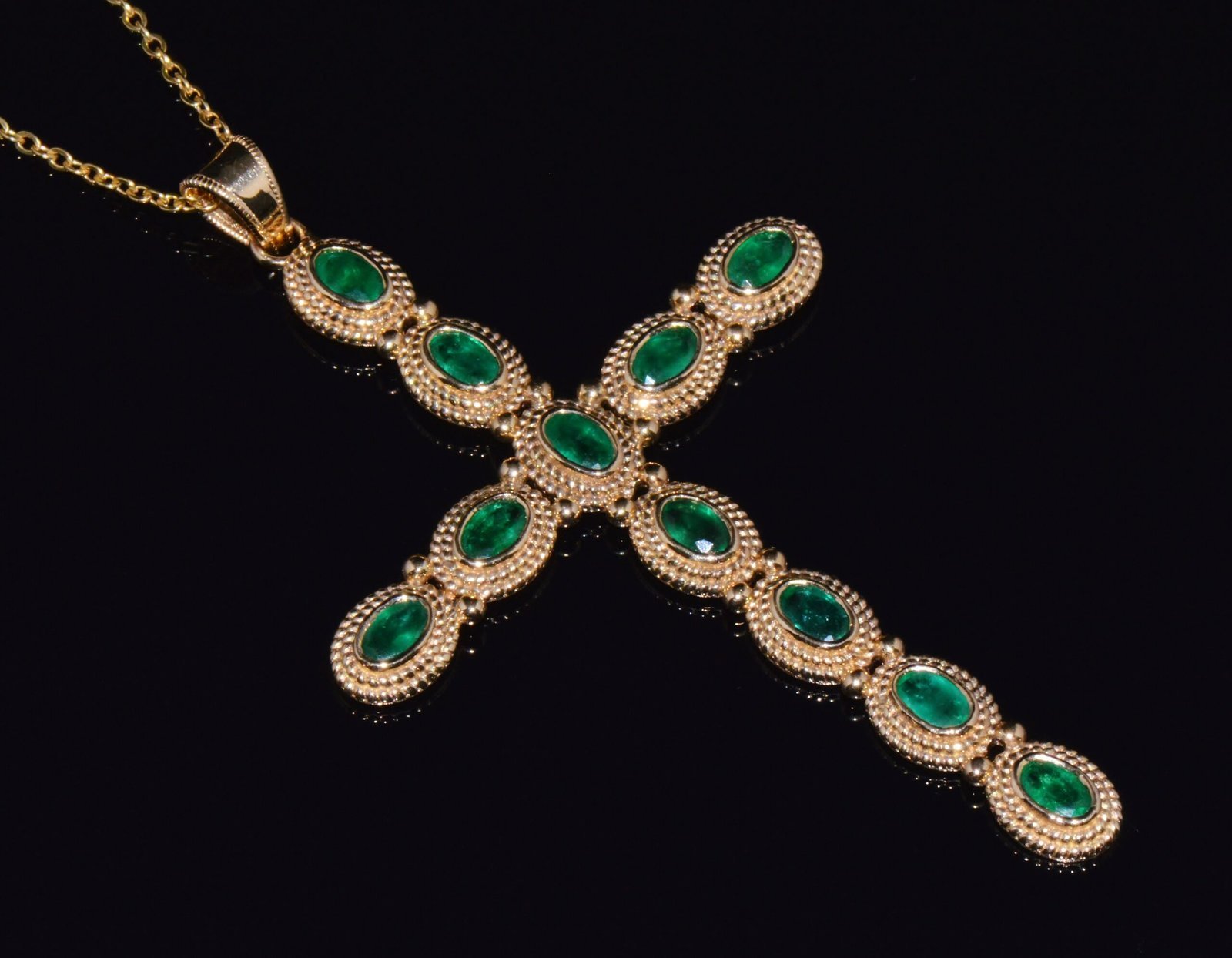Certified Natural 2.78Cts Emerald 18K 750 Solid Gold Filigree Cross Byzantine Etruscan Pendant