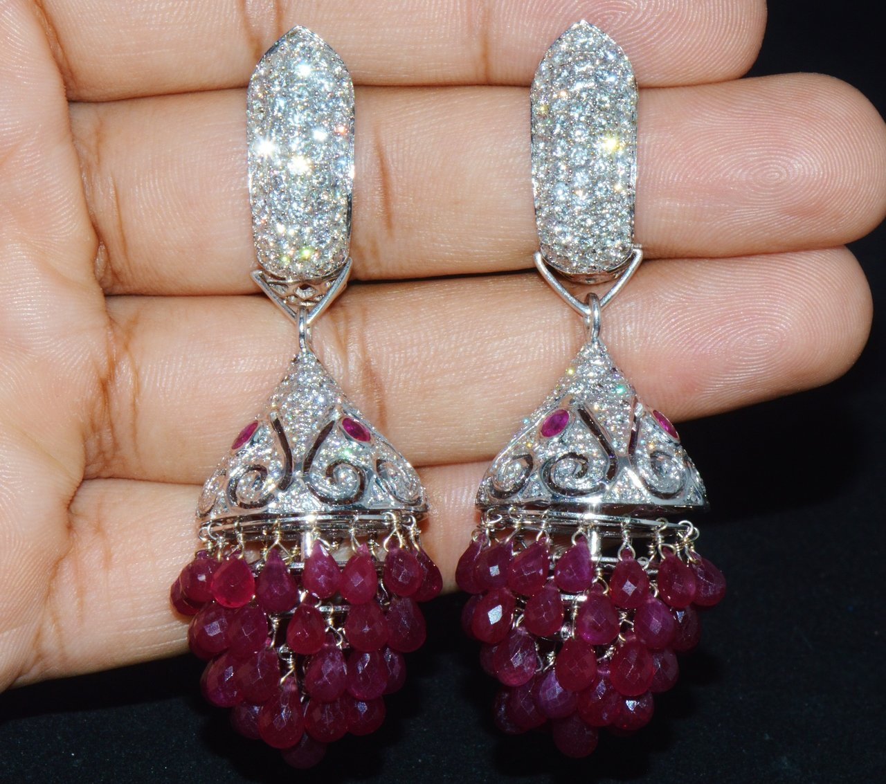 Certified Natural 117.6Cts VS F Diamond Ruby 18K Solid Gold 3-IN-1 Chandelier Dangle Cluster Earrings