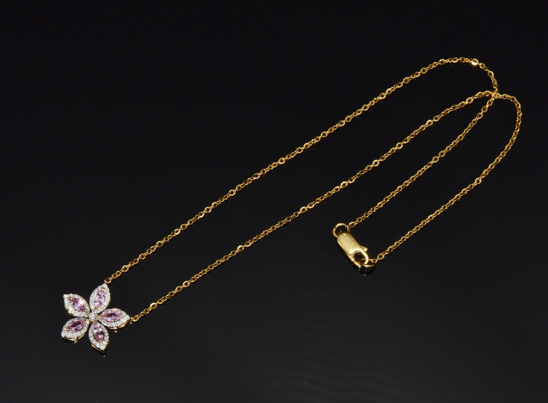 Certified Natural 1.23CTS Pink Sapphire & Diamond Floral Solid 18K Yellow Gold Necklace