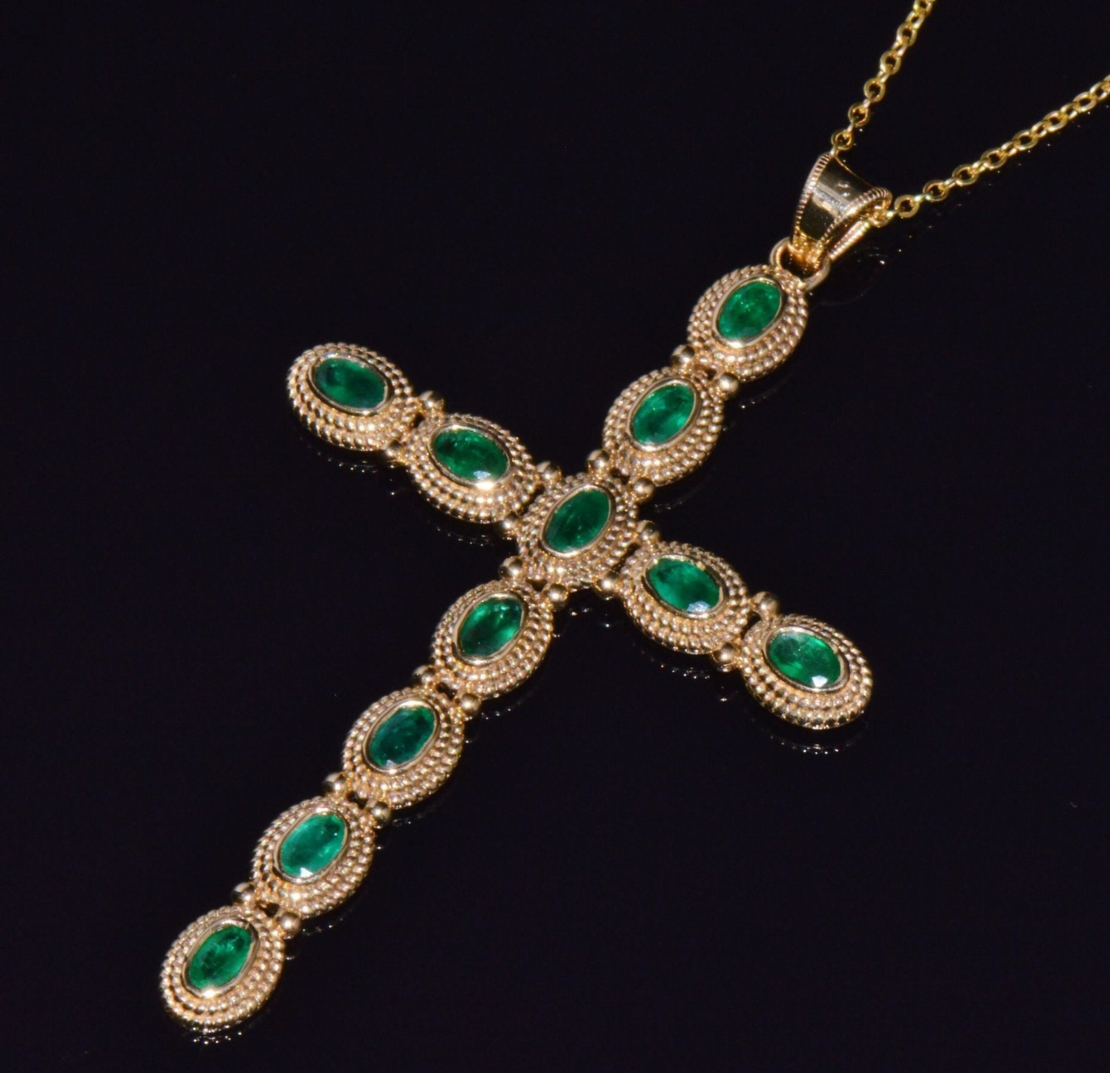Certified Natural 2.78Cts Emerald 18K 750 Solid Gold Filigree Cross Byzantine Etruscan Pendant