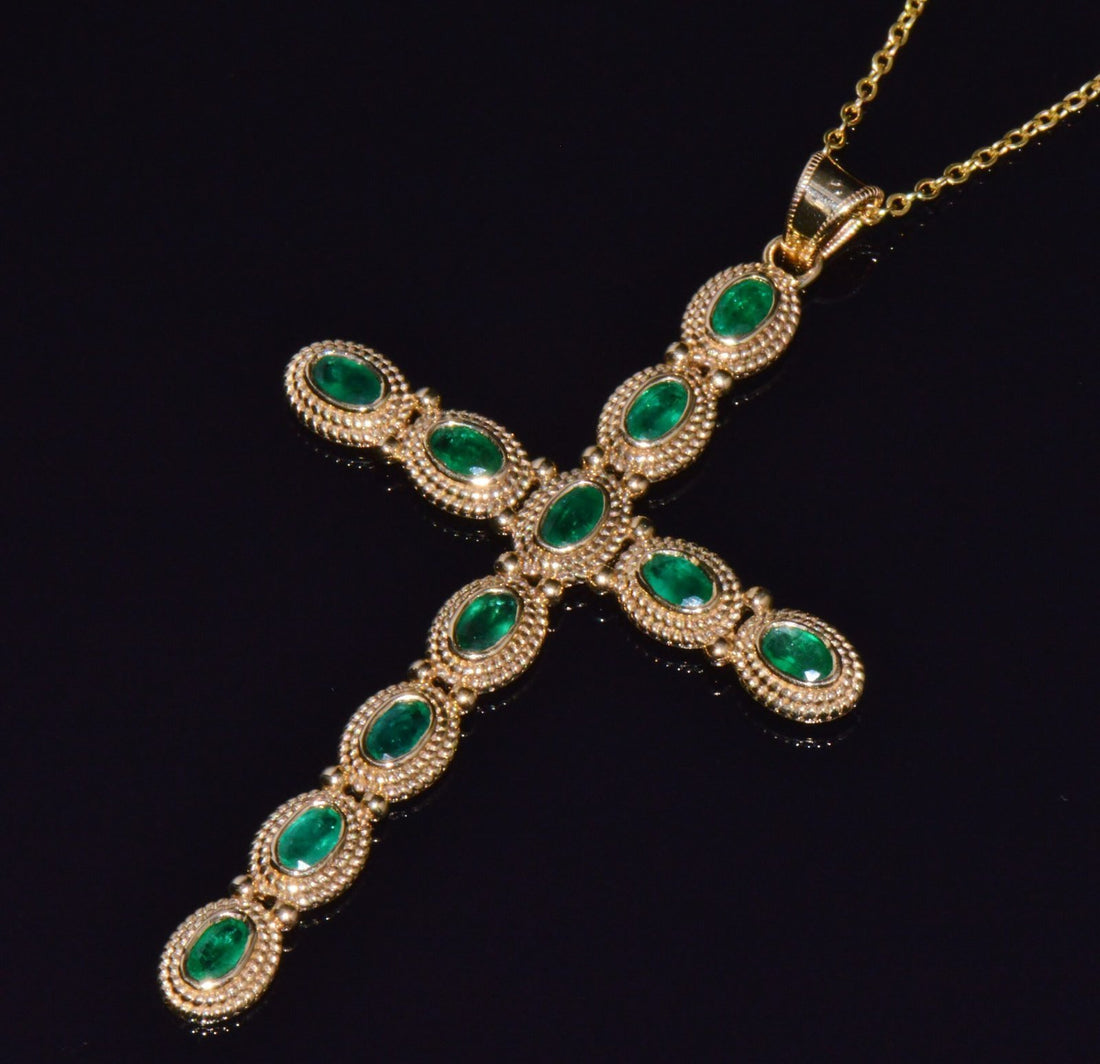 Certified Natural 2.78Cts Emerald 18K 750 Solid Gold Filigree Cross Byzantine Etruscan Pendant