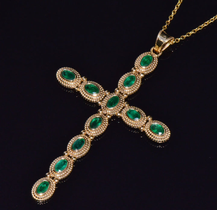 Certified Natural 2.78Cts Emerald 18K 750 Solid Gold Filigree Cross Byzantine Etruscan Pendant