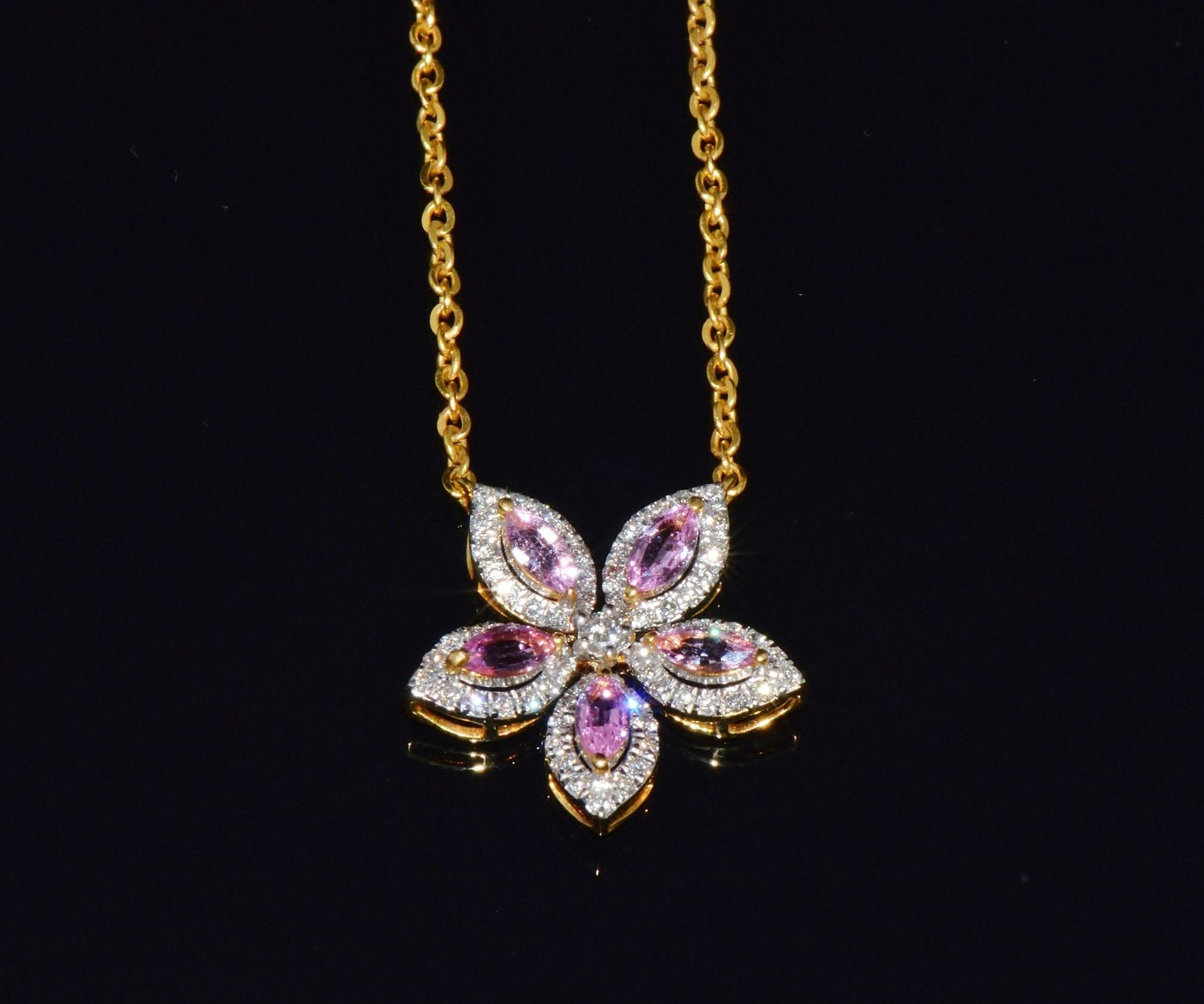 Certified Natural 1.23CTS Pink Sapphire & Diamond Floral Solid 18K Yellow Gold Necklace