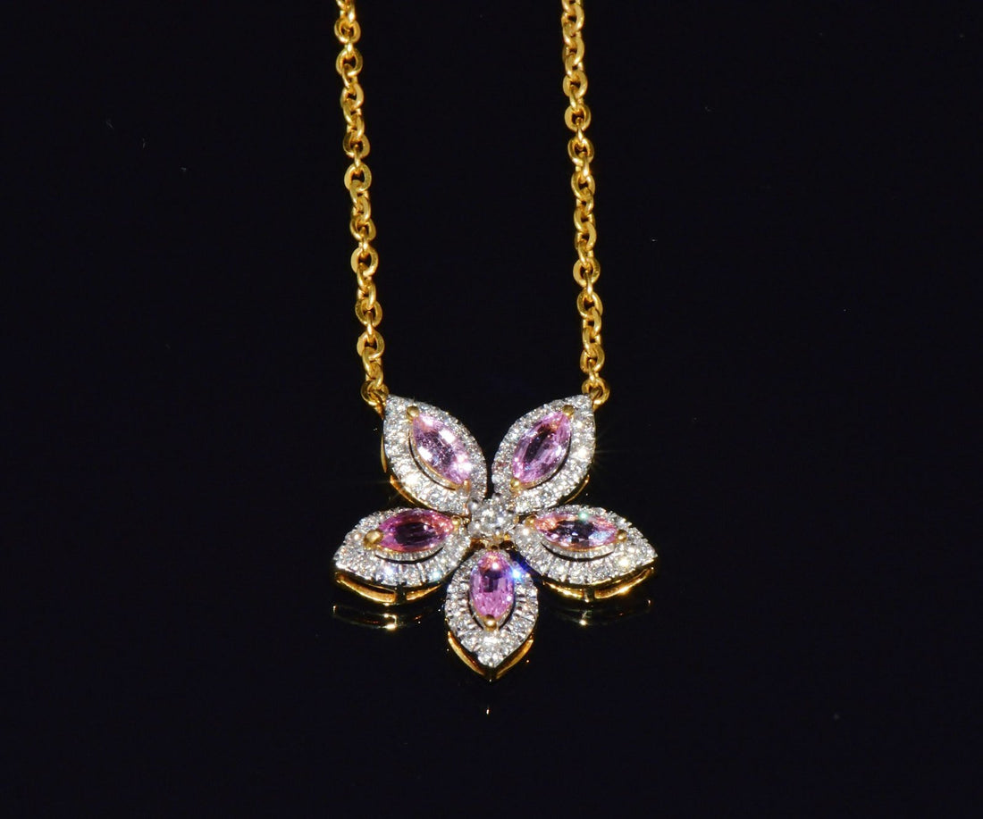 Certified Natural 1.23CTS Pink Sapphire & Diamond Floral Solid 18K Yellow Gold Necklace