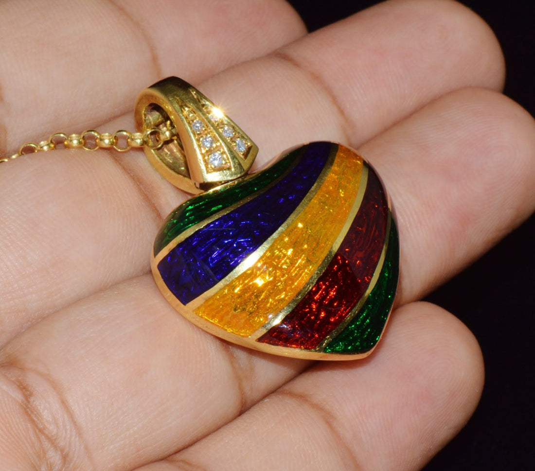 ITALIAN DESIGNER BARBERO & RICCI 18K SOLID GOLD DIAMOND ENAMEL HEART ENHANCER PENDANT CHARM