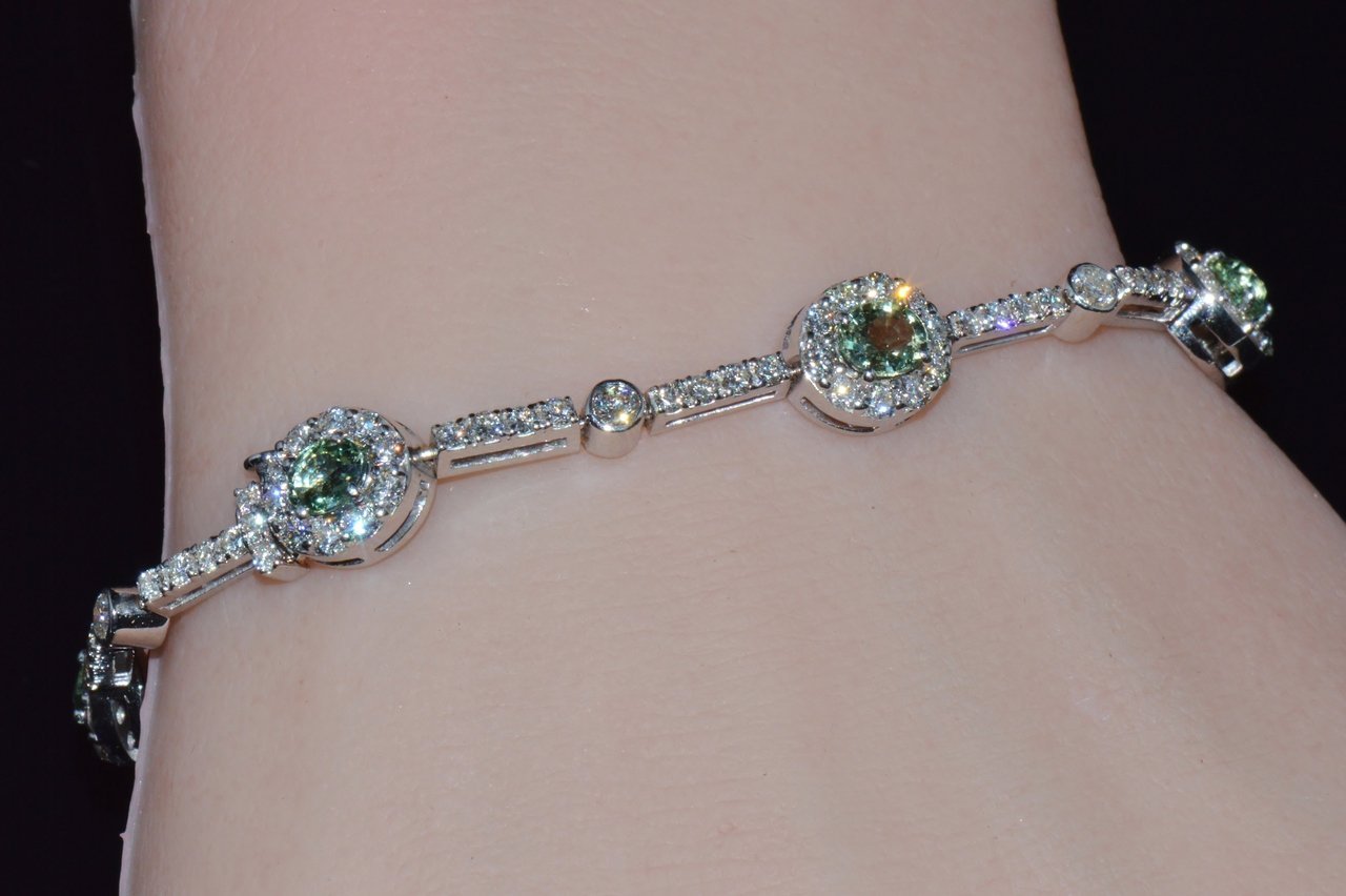 Certified Natural 6.74CTS VS F Diamond Green Sapphire 18K Solid Gold Tennis Stacking Bracelet
