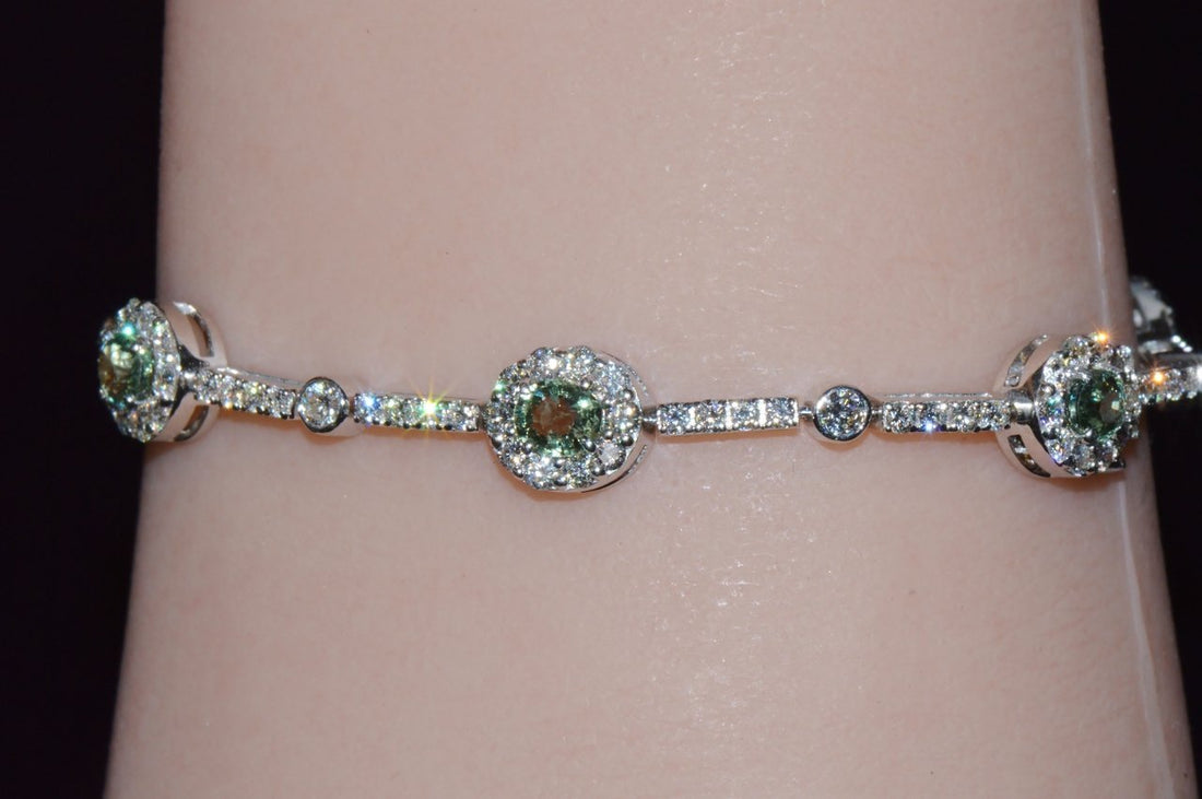 Certified Natural 6.74CTS VS F Diamond Green Sapphire 18K Solid Gold Tennis Stacking Bracelet