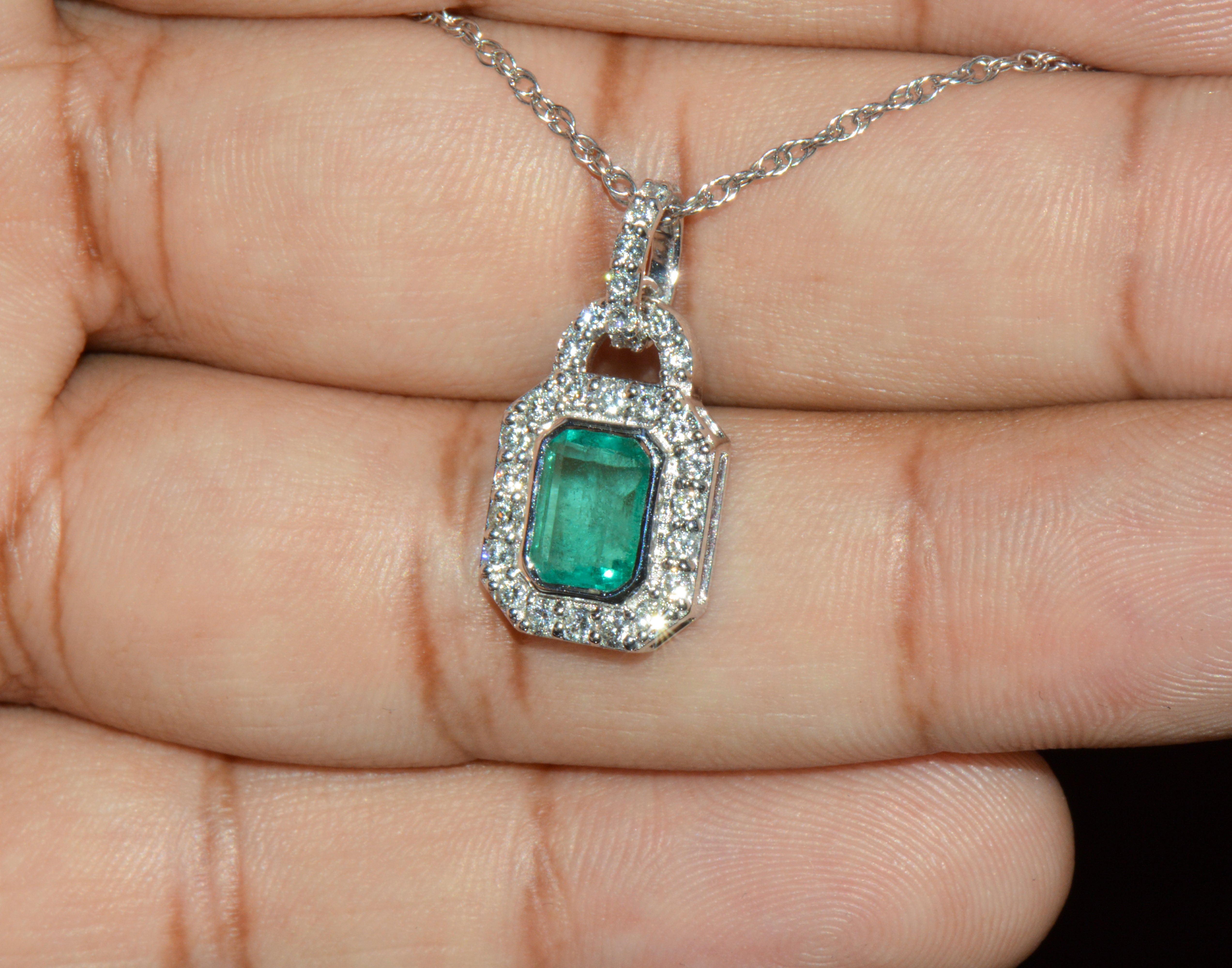 Certified Natural 2.06CTS Emerald & Diamond 18K White Gold Pendant Charm