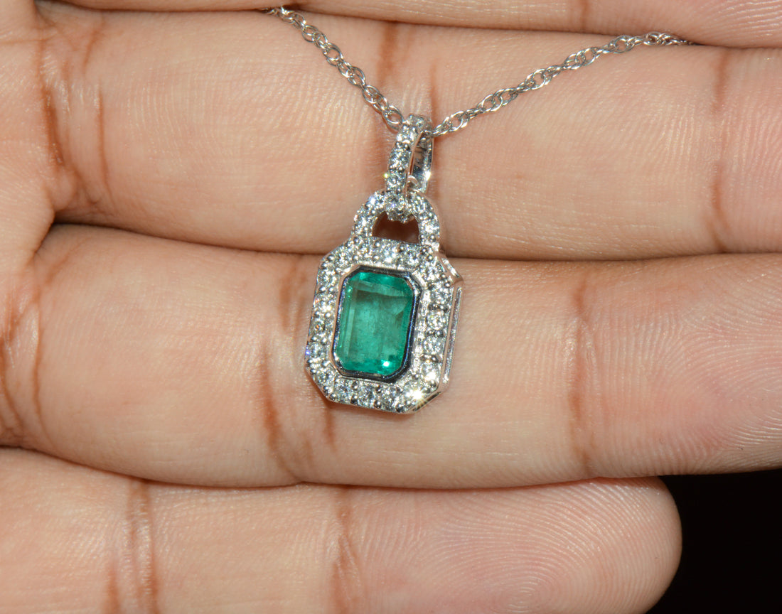Certified Natural 2.06CTS Emerald & Diamond 18K White Gold Pendant Charm