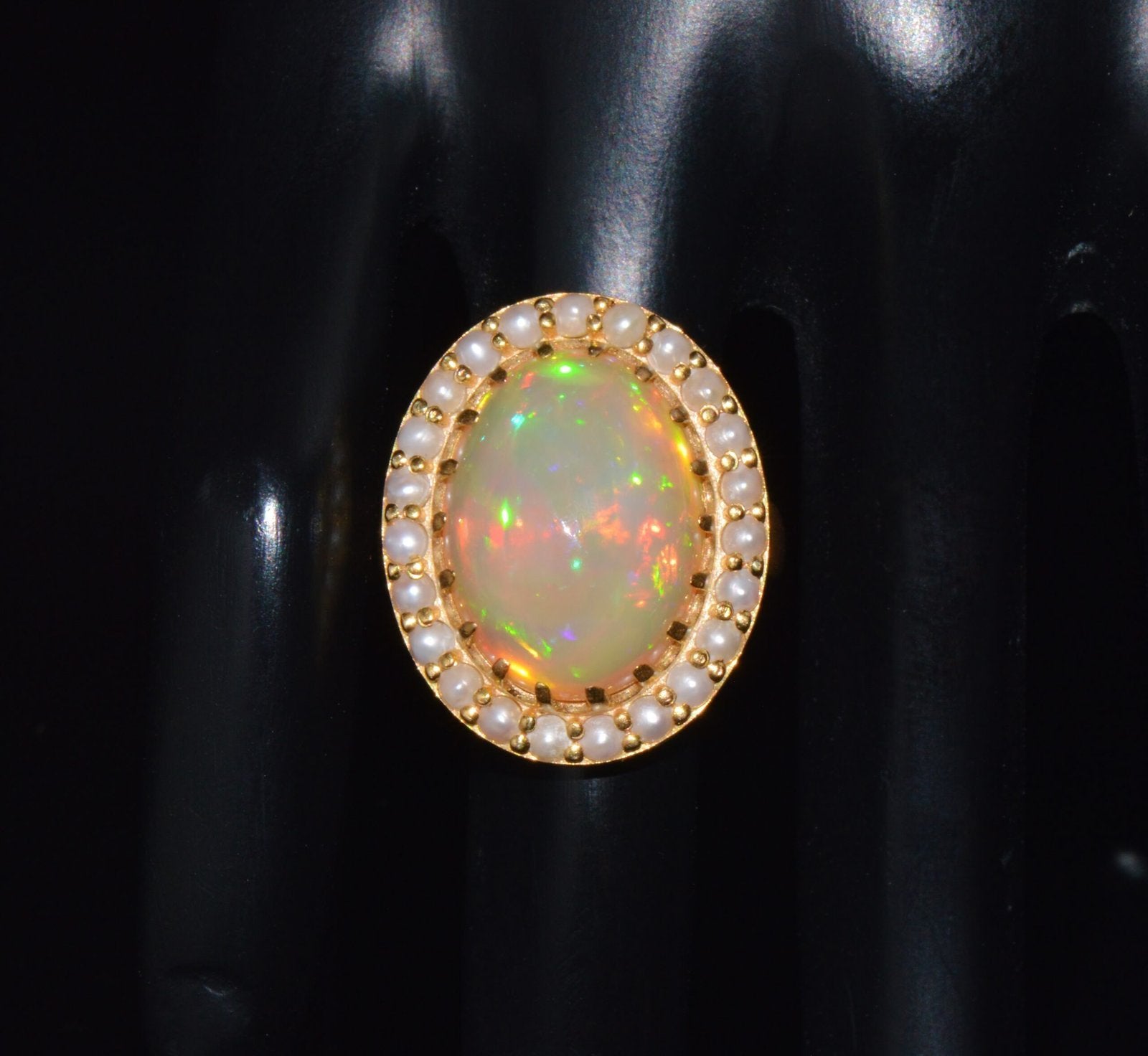 Certified Natural 13.78Cts Seed Pearl Opal Cocktail Halo Brushed 18K Solid Gold Ring