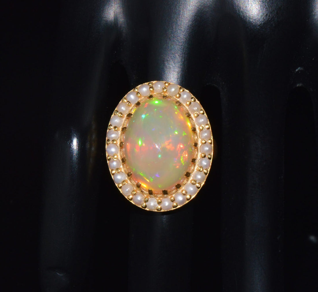 Certified Natural 13.78Cts Seed Pearl Opal Cocktail Halo Brushed 18K Solid Gold Ring