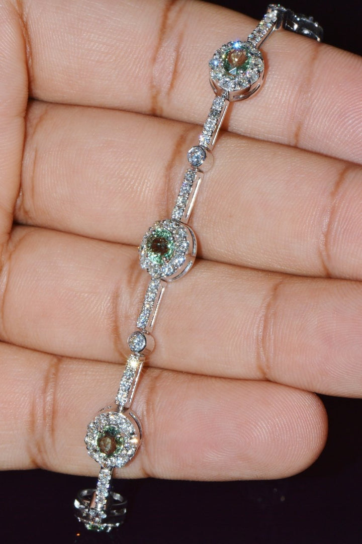 Certified Natural 6.74CTS VS F Diamond Green Sapphire 18K Solid Gold Tennis Stacking Bracelet