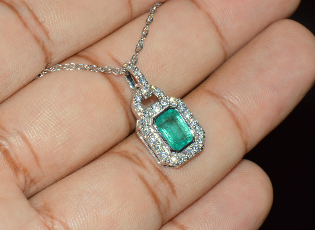 Certified Natural 2.06CTS Emerald & Diamond 18K White Gold Pendant Charm
