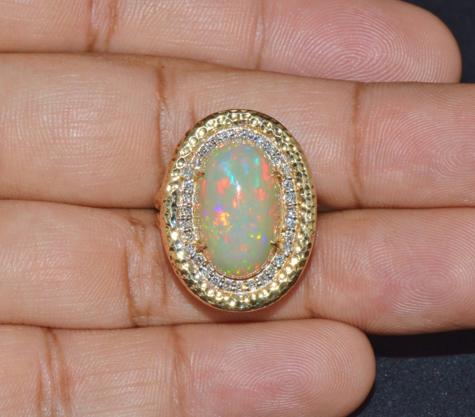 Certified Natural 7.44Cts VS F Diamond Opal Cocktail Halo Hammered 18K Solid Gold Ring