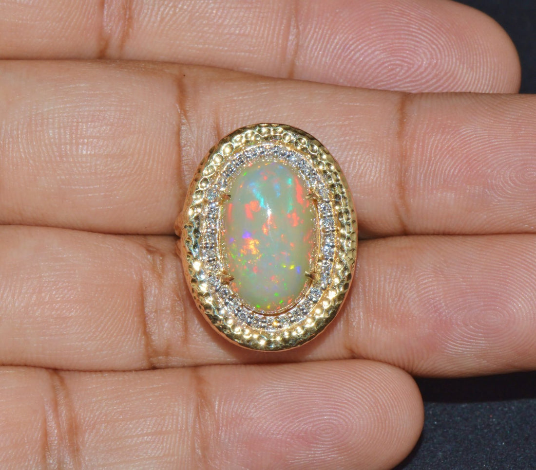 Certified Natural 7.44Cts VS F Diamond Opal Cocktail Halo Hammered 18K Solid Gold Ring