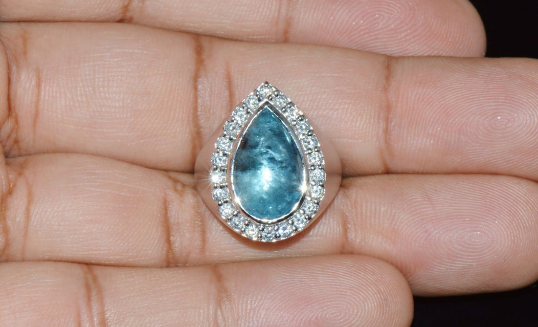 Certified Natural 6.19Cts VS F Diamond Aquamarine 18K Solid Gold Cocktail Halo Ring