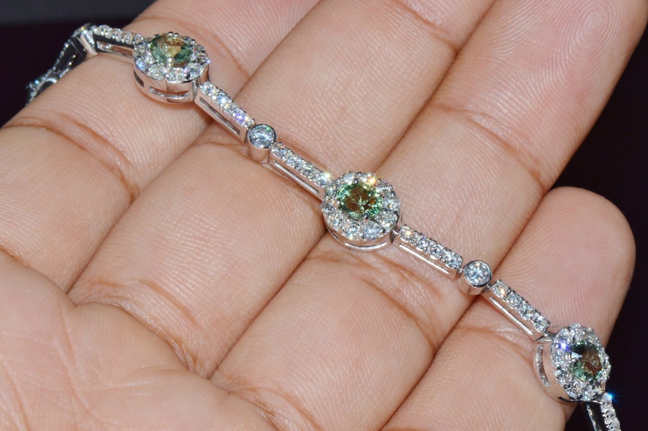 Certified Natural 6.74CTS VS F Diamond Green Sapphire 18K Solid Gold Tennis Stacking Bracelet