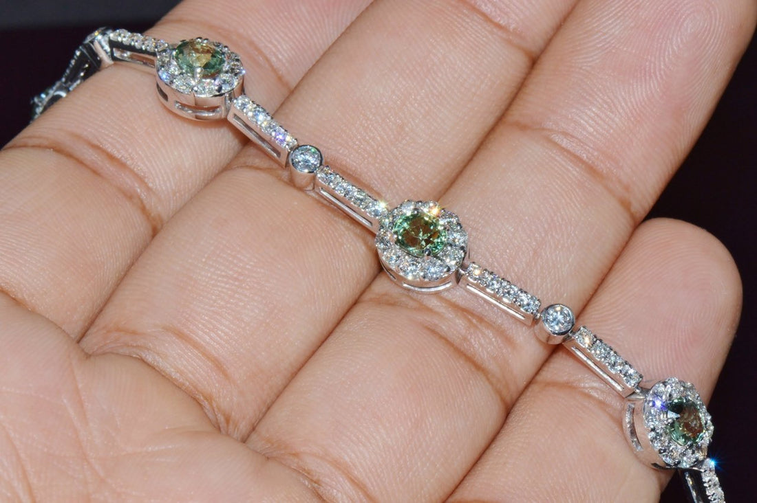 Certified Natural 6.74CTS VS F Diamond Green Sapphire 18K Solid Gold Tennis Stacking Bracelet