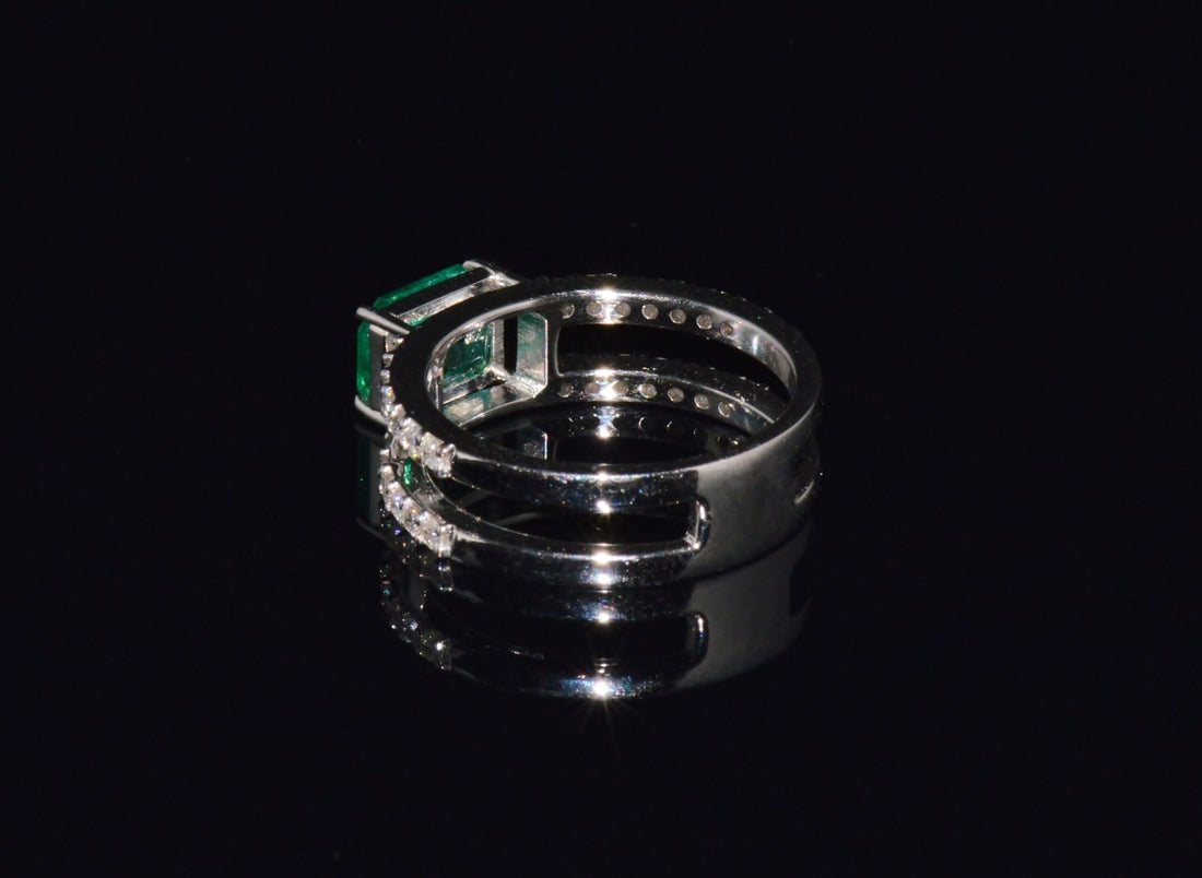 Certified Natural 1.84CTS Emerald & Diamond 18K White Gold Double Shank Ring