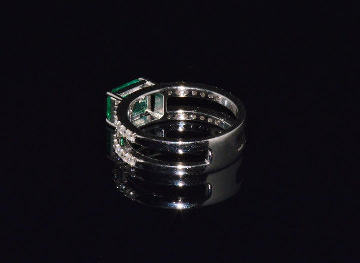 Certified Natural 1.84CTS Emerald & Diamond 18K White Gold Double Shank Ring