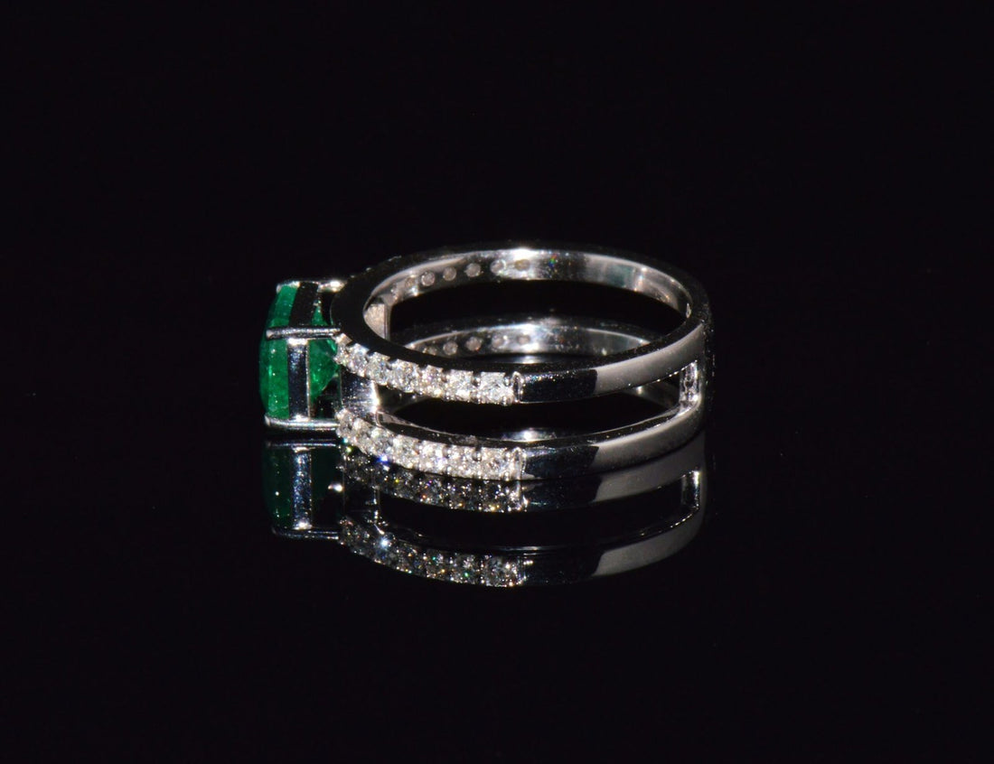Certified Natural 1.84CTS Emerald & Diamond 18K White Gold Double Shank Ring