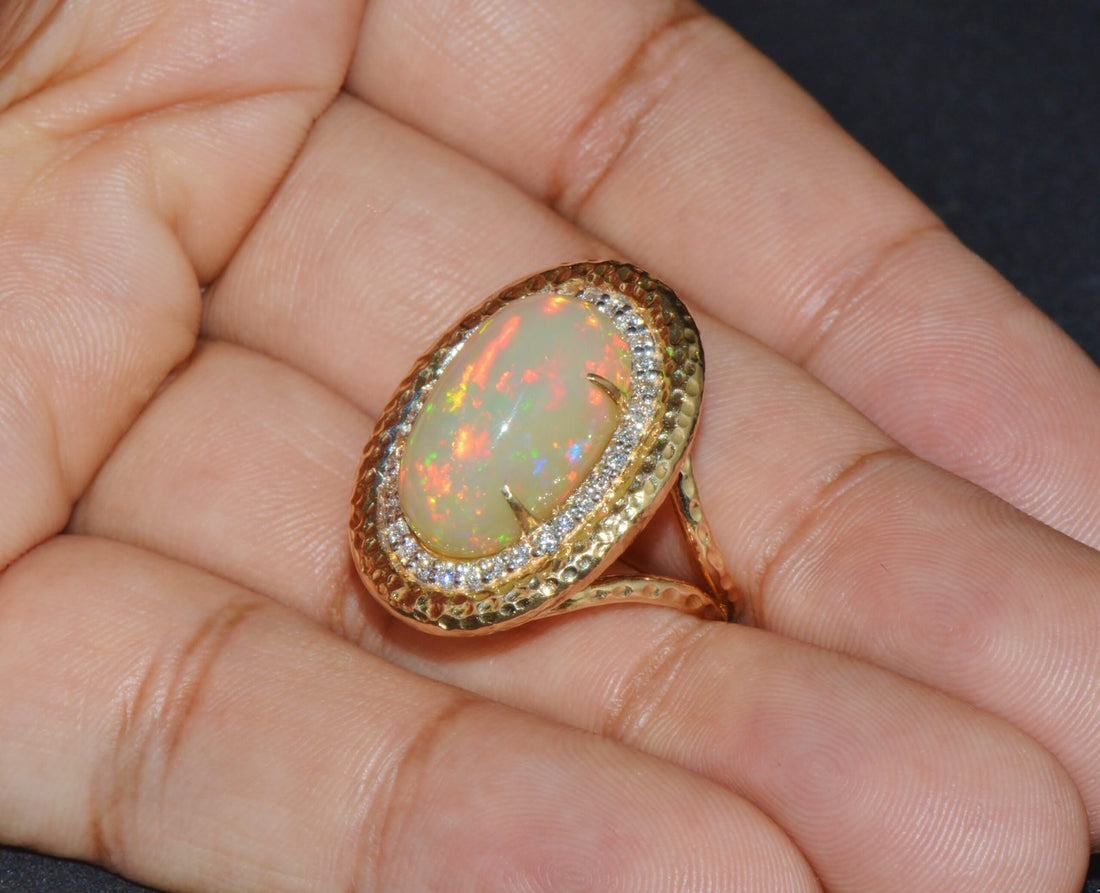 Certified Natural 7.44Cts VS F Diamond Opal Cocktail Halo Hammered 18K Solid Gold Ring