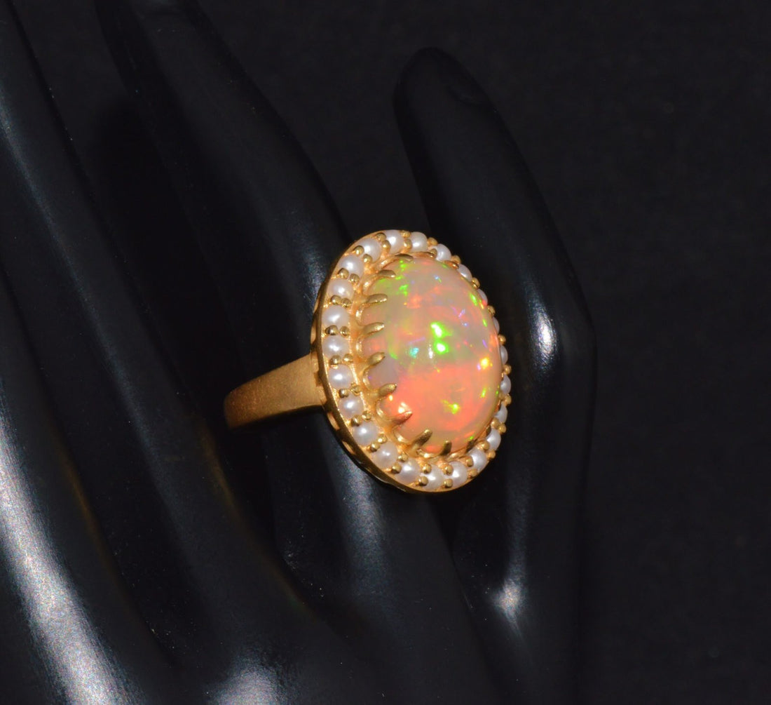 Certified Natural 13.78Cts Seed Pearl Opal Cocktail Halo Brushed 18K Solid Gold Ring