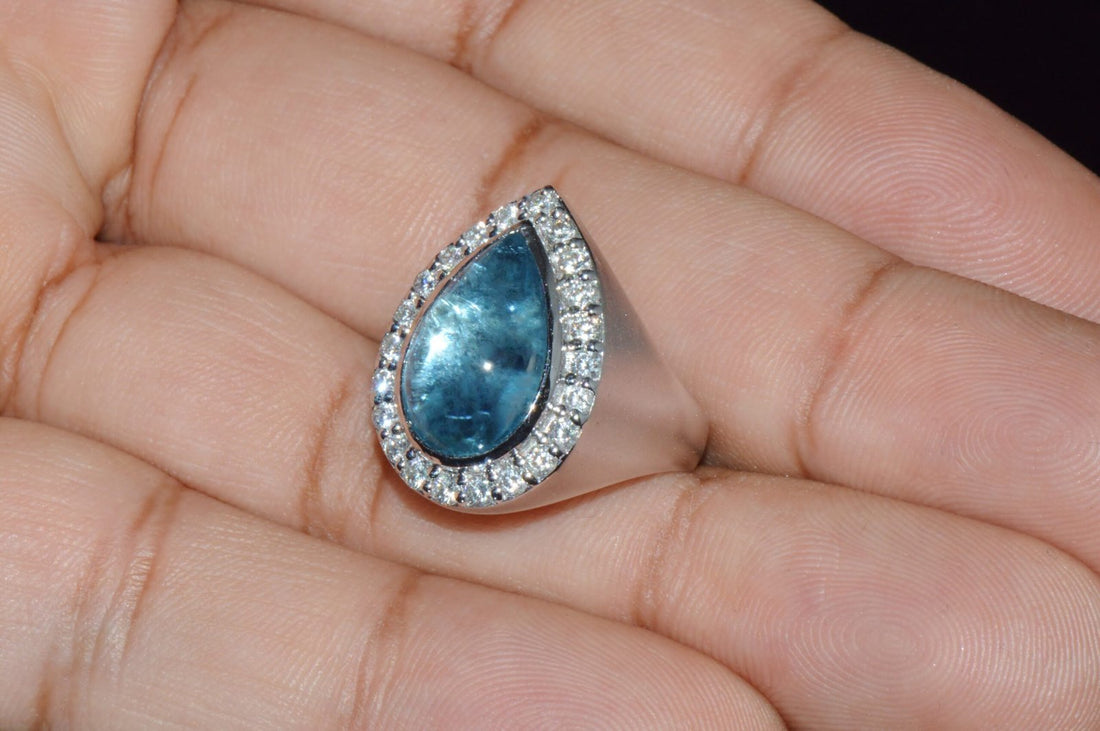 Certified Natural 6.19Cts VS F Diamond Aquamarine 18K Solid Gold Cocktail Halo Ring