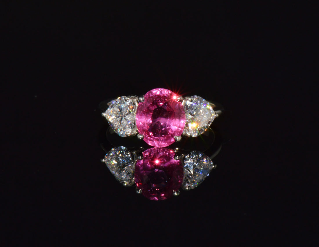 GIA 4.47Cts No-Heat Mozambique Ruby & D VVS2 Heart Diamond Platinum Three Stone Ring