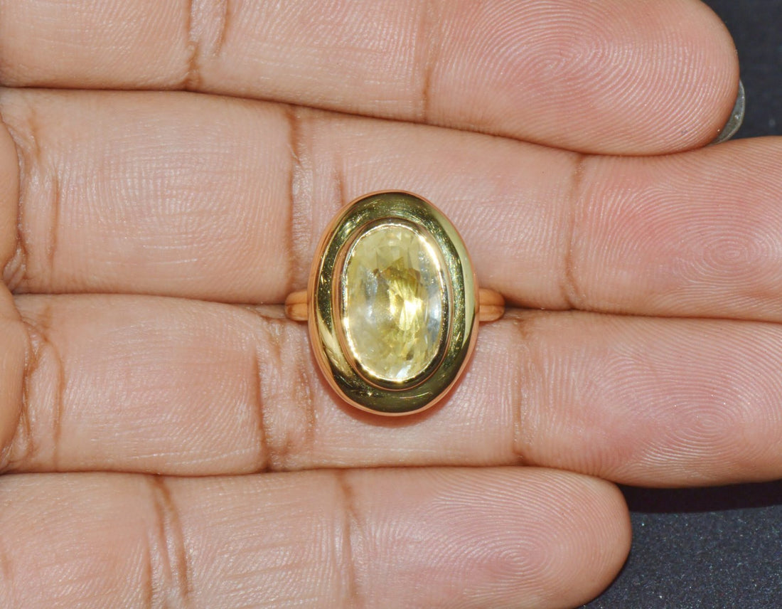 GIA Certified Natural 6.80cts Ceylon Yellow Sapphire 18K Solid Gold Bezel Dome Puff Ring