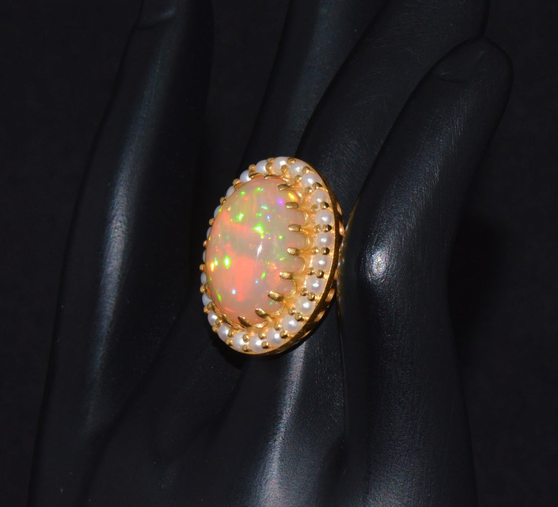 Certified Natural 13.78Cts Seed Pearl Opal Cocktail Halo Brushed 18K Solid Gold Ring