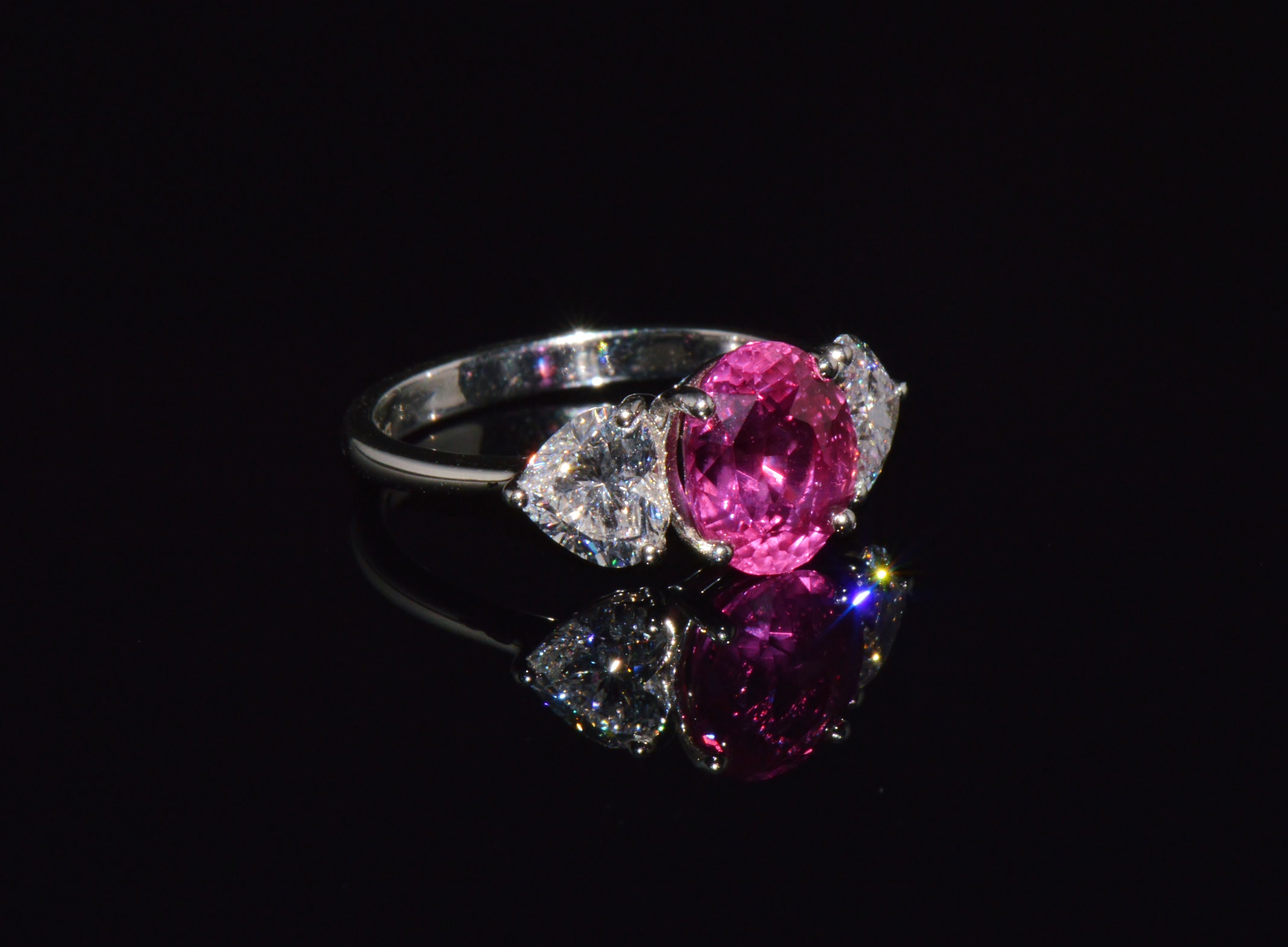 GIA 4.47Cts No-Heat Mozambique Ruby & D VVS2 Heart Diamond Platinum Three Stone Ring