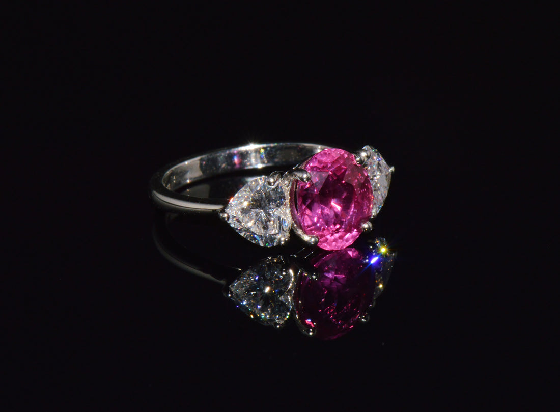 GIA 4.47Cts No-Heat Mozambique Ruby & D VVS2 Heart Diamond Platinum Three Stone Ring