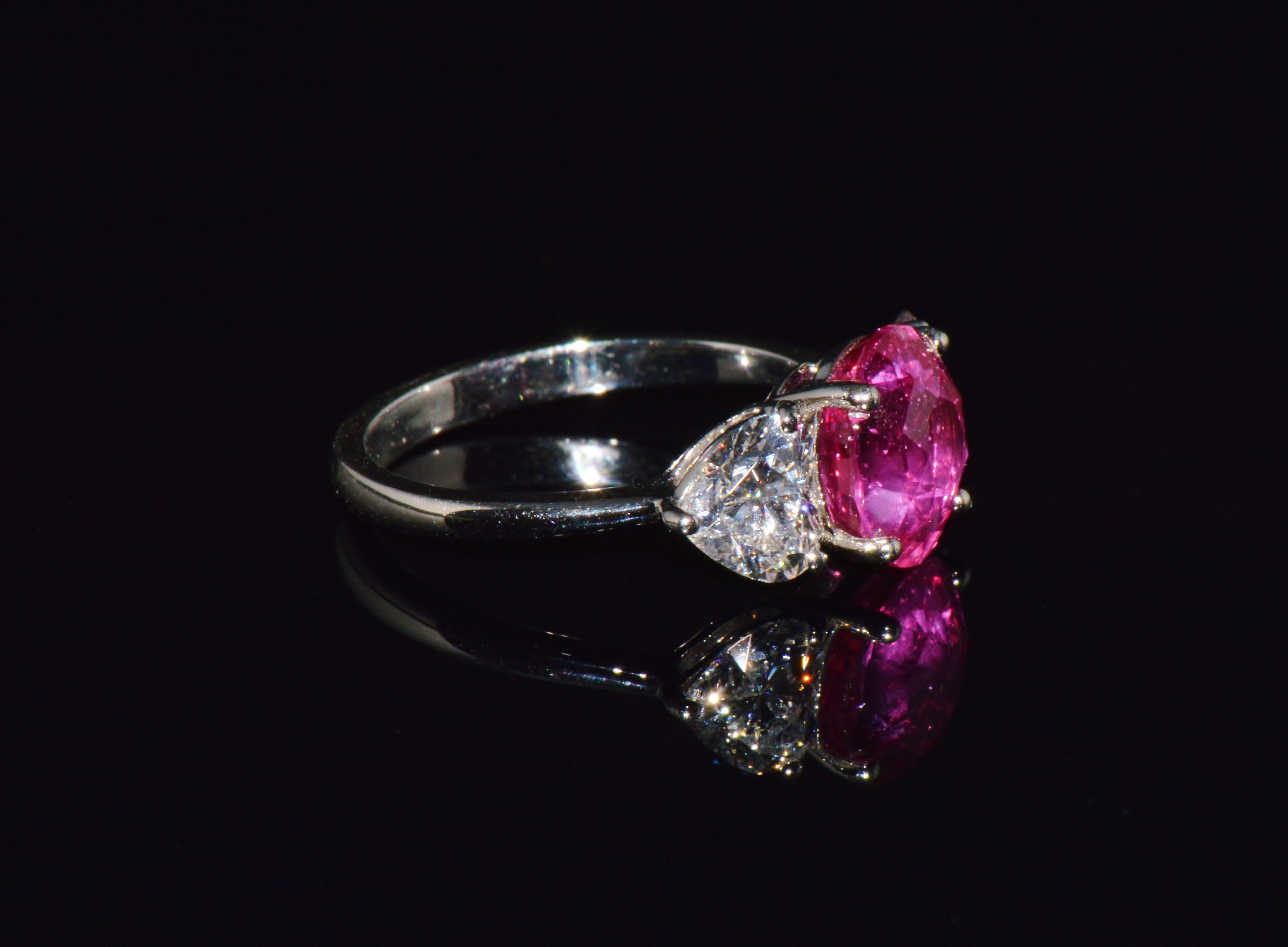 GIA 4.47Cts No-Heat Mozambique Ruby & D VVS2 Heart Diamond Platinum Three Stone Ring