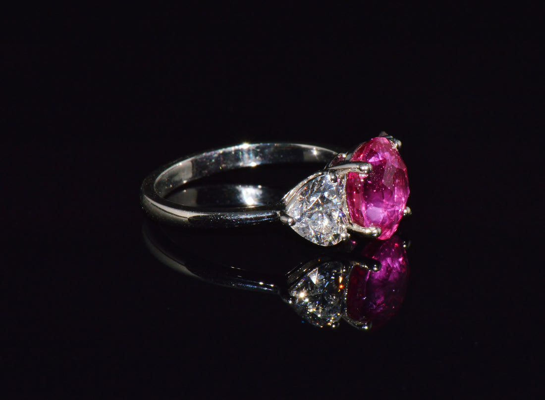 GIA 4.47Cts No-Heat Mozambique Ruby & D VVS2 Heart Diamond Platinum Three Stone Ring
