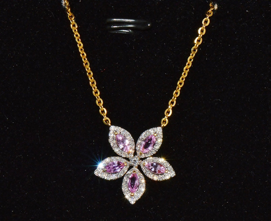 Certified Natural 1.23CTS Pink Sapphire & Diamond Floral Solid 18K Yellow Gold Necklace