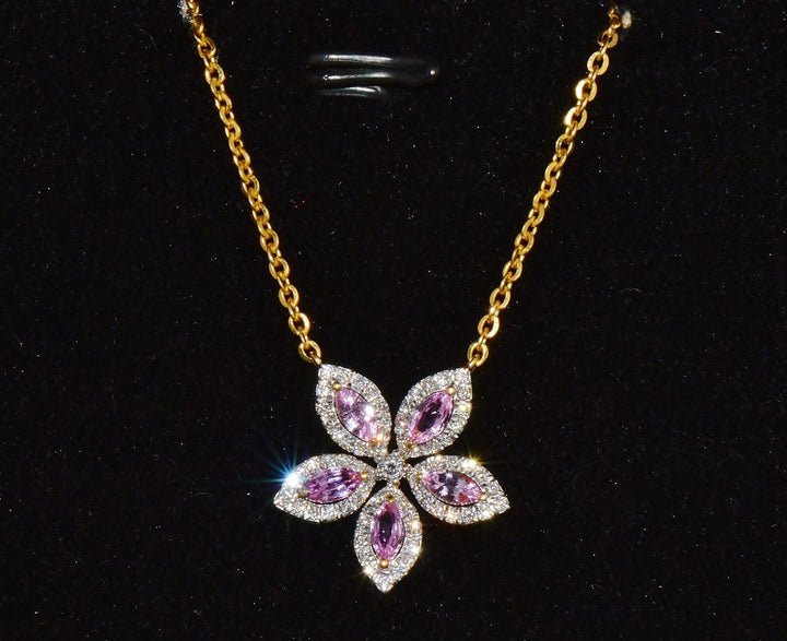Certified Natural 1.23CTS Pink Sapphire & Diamond Floral Solid 18K Yellow Gold Necklace
