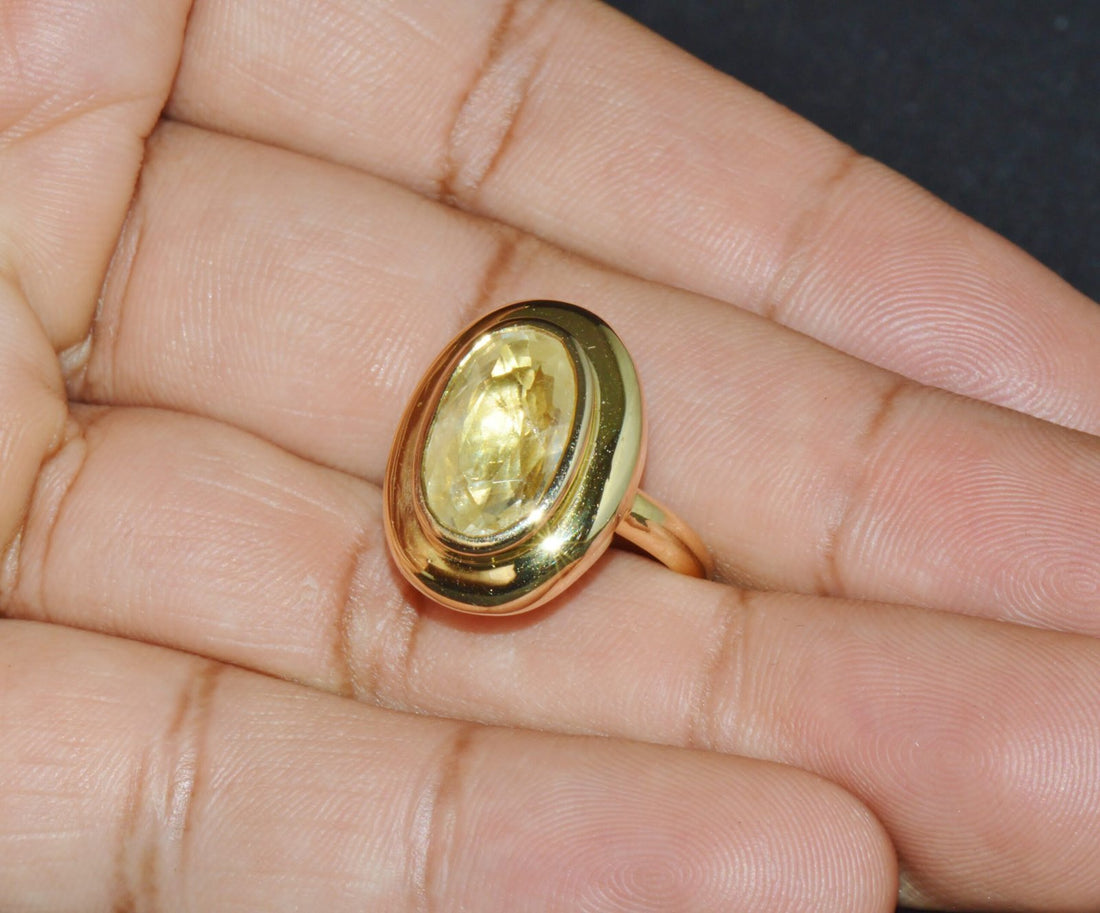 GIA Certified Natural 6.80cts Ceylon Yellow Sapphire 18K Solid Gold Bezel Dome Puff Ring