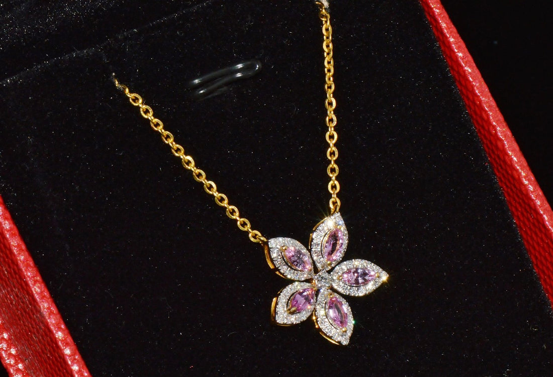 Certified Natural 1.23CTS Pink Sapphire & Diamond Floral Solid 18K Yellow Gold Necklace