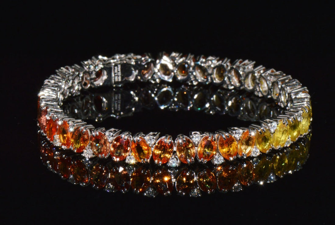 Certified Natural 26.80CTS VS F Diamond Sunset Gradient Sapphire 18K Solid Gold Tennis Stacking Bracelet