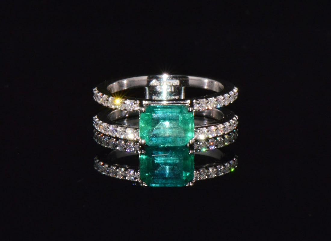 Certified Natural 1.84CTS Emerald & Diamond 18K White Gold Double Shank Ring