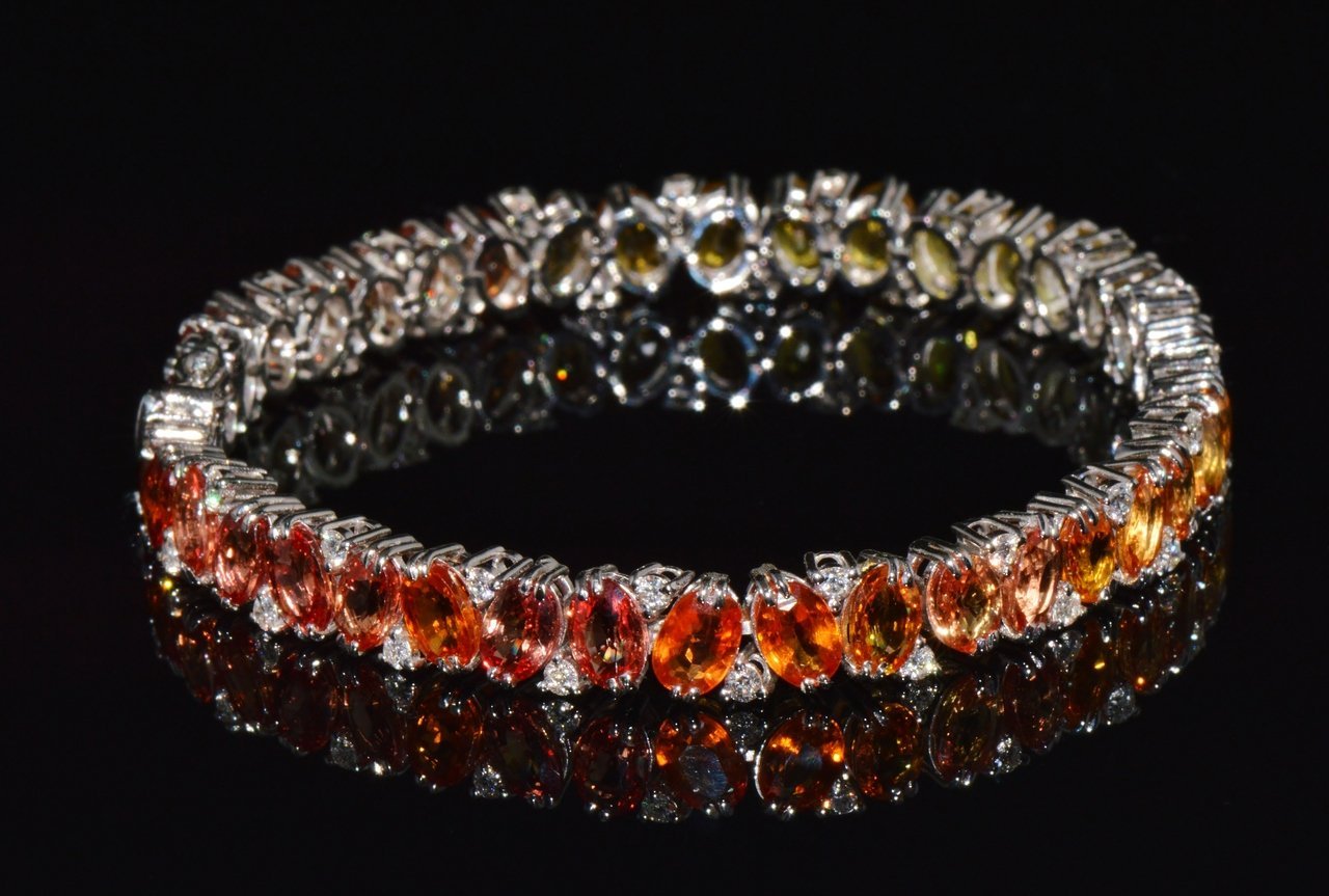 Certified Natural 26.80CTS VS F Diamond Sunset Gradient Sapphire 18K Solid Gold Tennis Stacking Bracelet