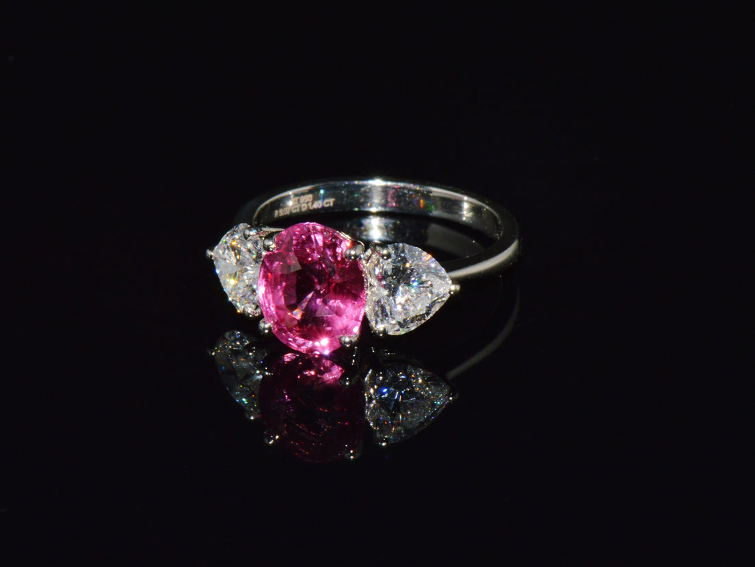 GIA 4.47Cts No-Heat Mozambique Ruby & D VVS2 Heart Diamond Platinum Three Stone Ring