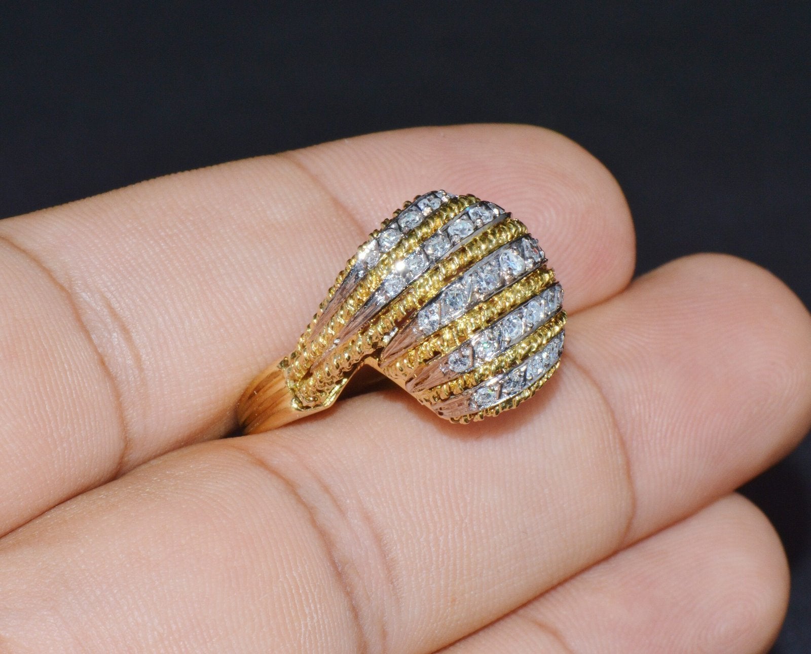 Vintage Natural .60Cts VS G Diamond 18K Solid Gold 2 Tone Dome Cocktail Ring