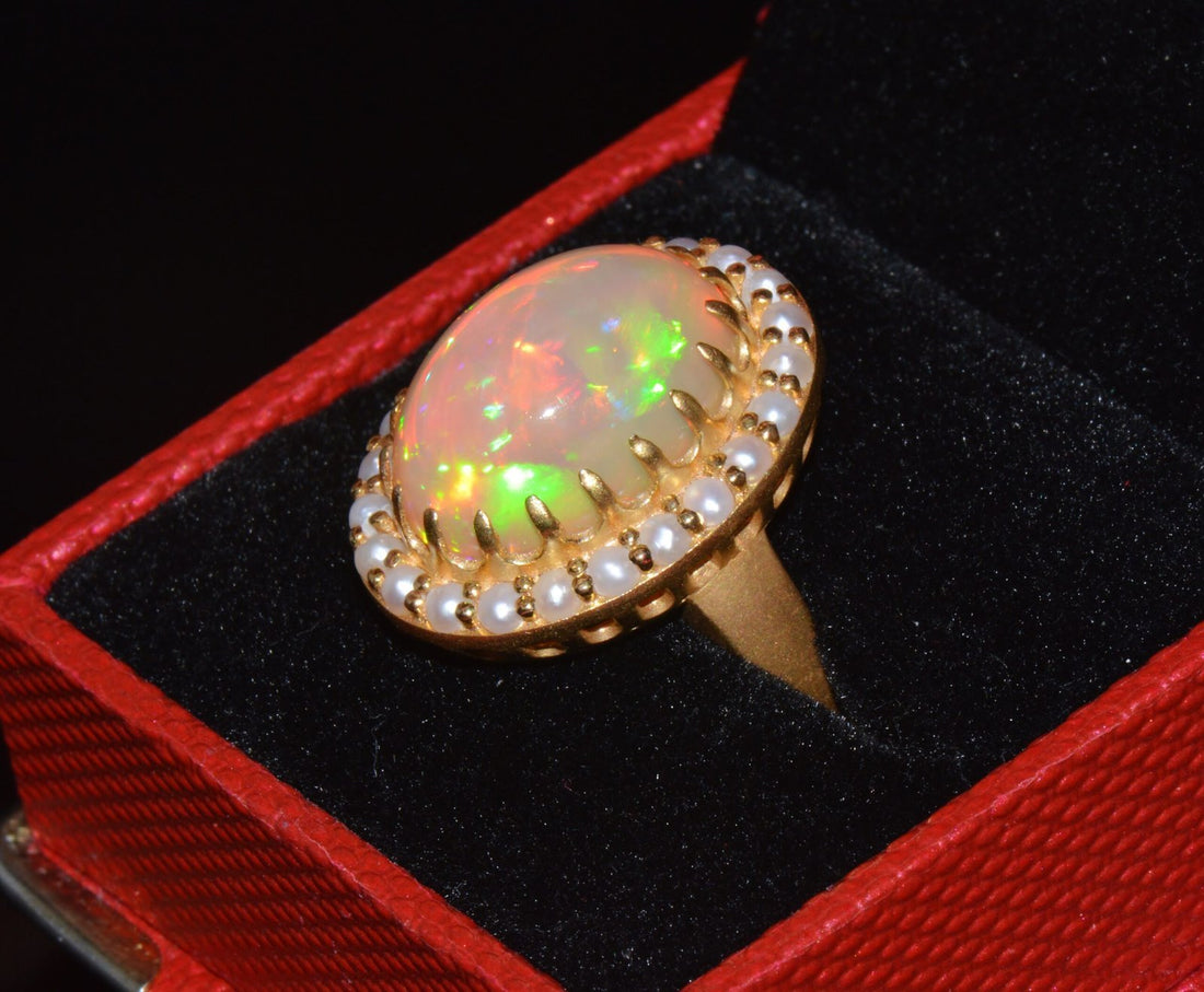 Certified Natural 13.78Cts Seed Pearl Opal Cocktail Halo Brushed 18K Solid Gold Ring
